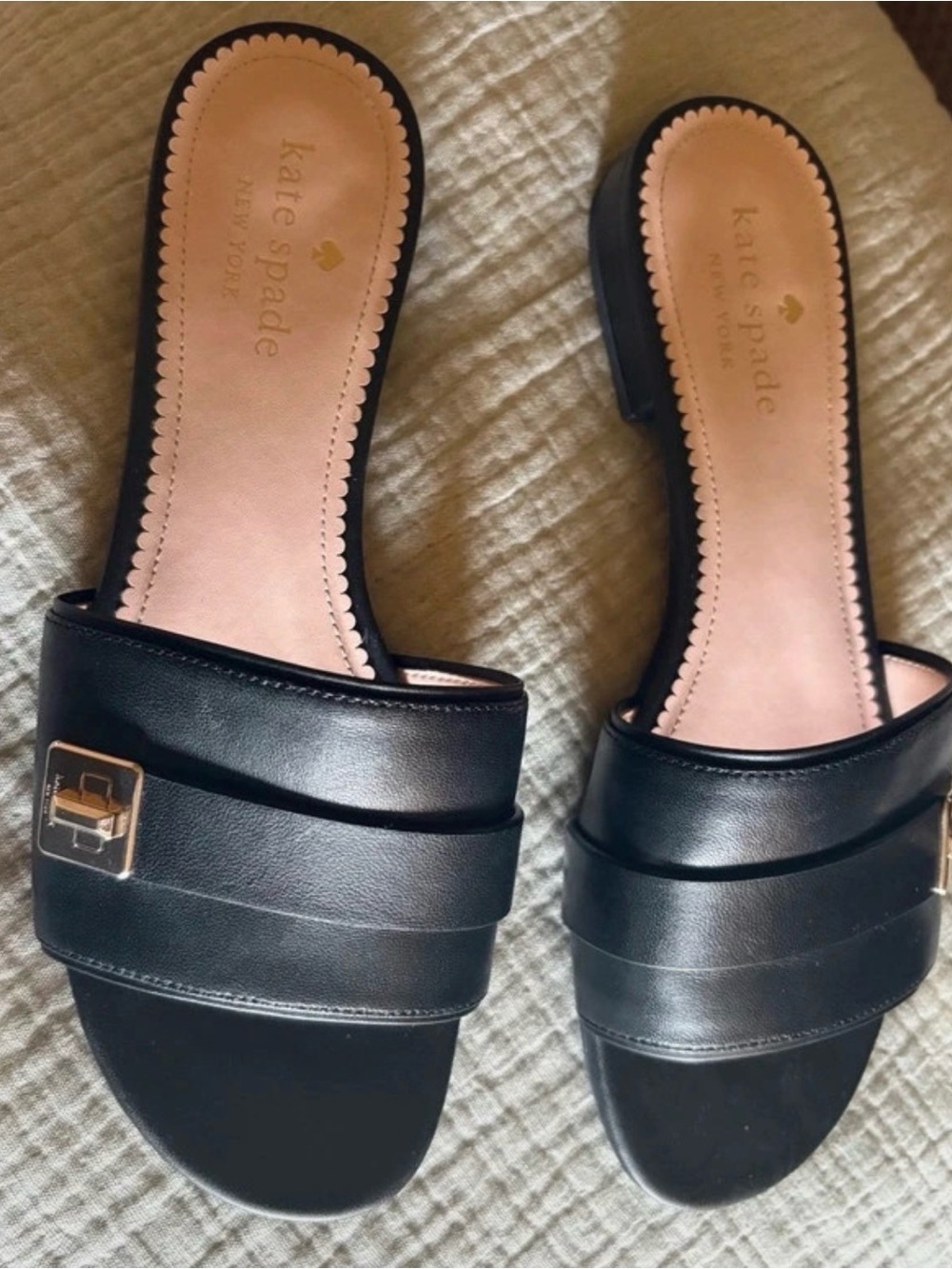 kate spade Black Leather Slide Sandals with Gold Buckle